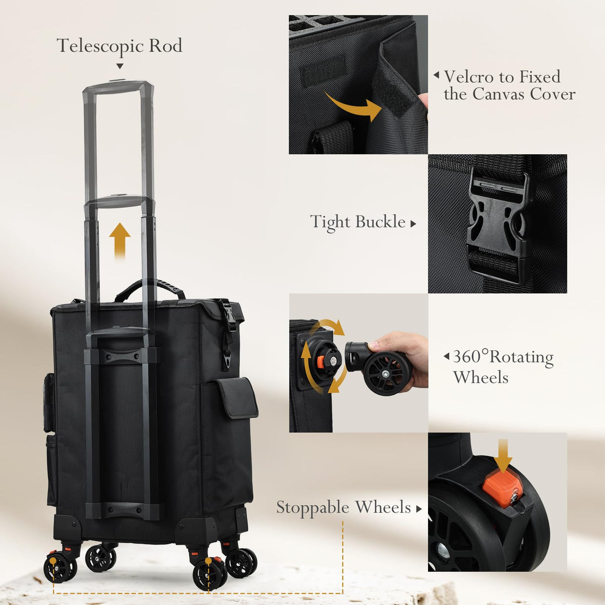 Stagiant rolling makeup case side pockets keep items organized.
