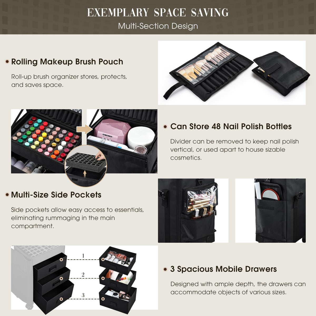 Stagiant rolling makeup case side view shows sturdy frame and wheels.