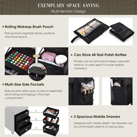 Stagiant rolling makeup case side view shows sturdy frame and wheels.