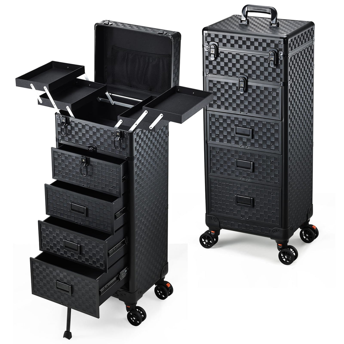 Stagiant rolling makeup case with spring-release drawers for quick access.