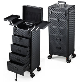 Stagiant rolling makeup case with spring-release drawers for quick access.