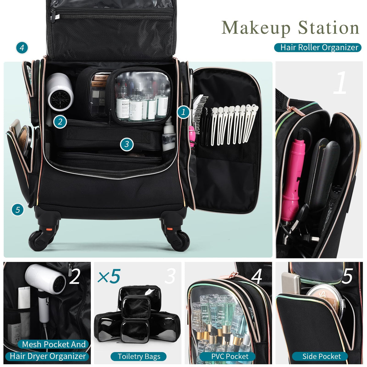 Stagiant rolling makeup train case compartments maximize space for gear and accessories