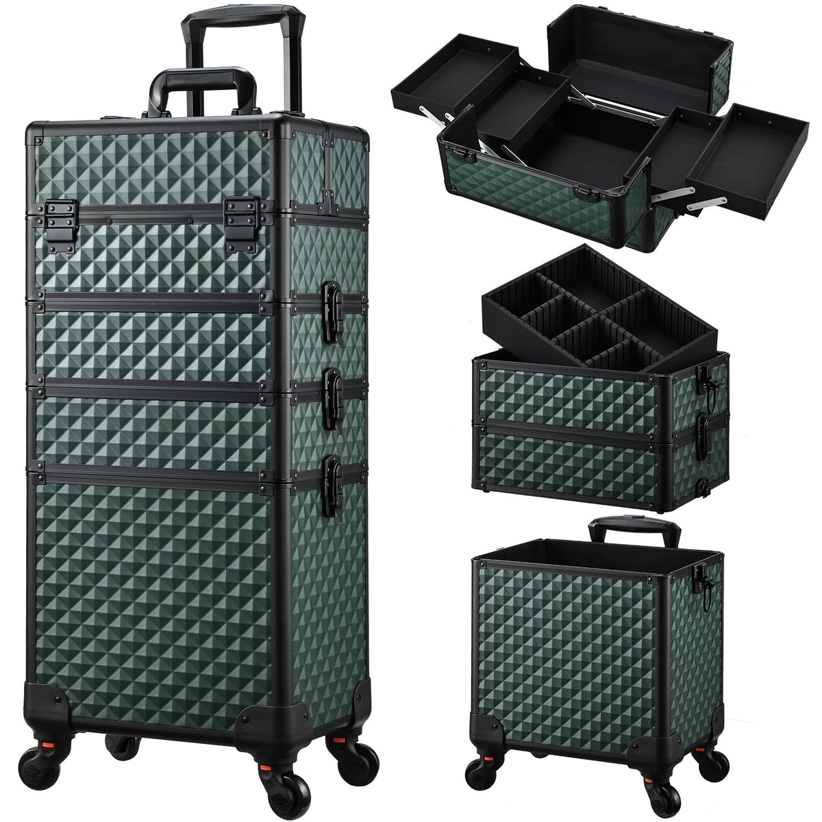 Stagiant rolling makeup train case on wheels in dark green offers portable storage for on-the-go professionals.