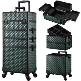 Stagiant rolling makeup train case on wheels in dark green offers portable storage for on-the-go professionals.