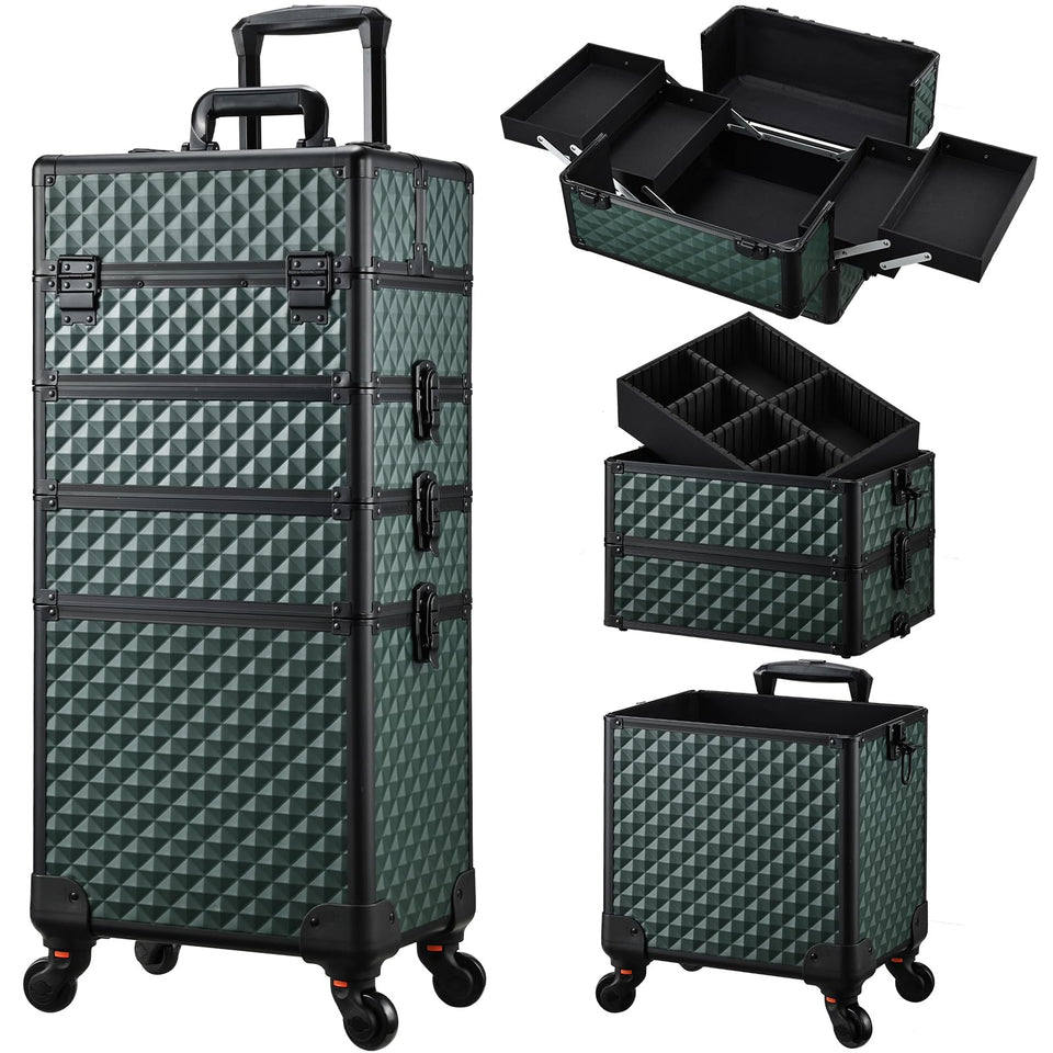 Stagiant rolling makeup train case on wheels in dark green offers portable storage for on-the-go professionals.