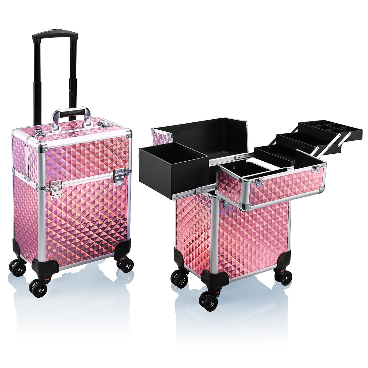 Stagiant pink rolling makeup train case with lock for secure travel