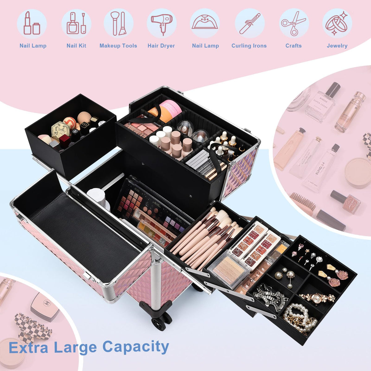 Stagiant pink case with extended pull rod for easy transport between locations