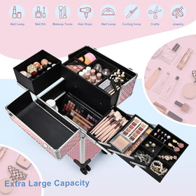 Stagiant pink case with extended pull rod for easy transport between locations
