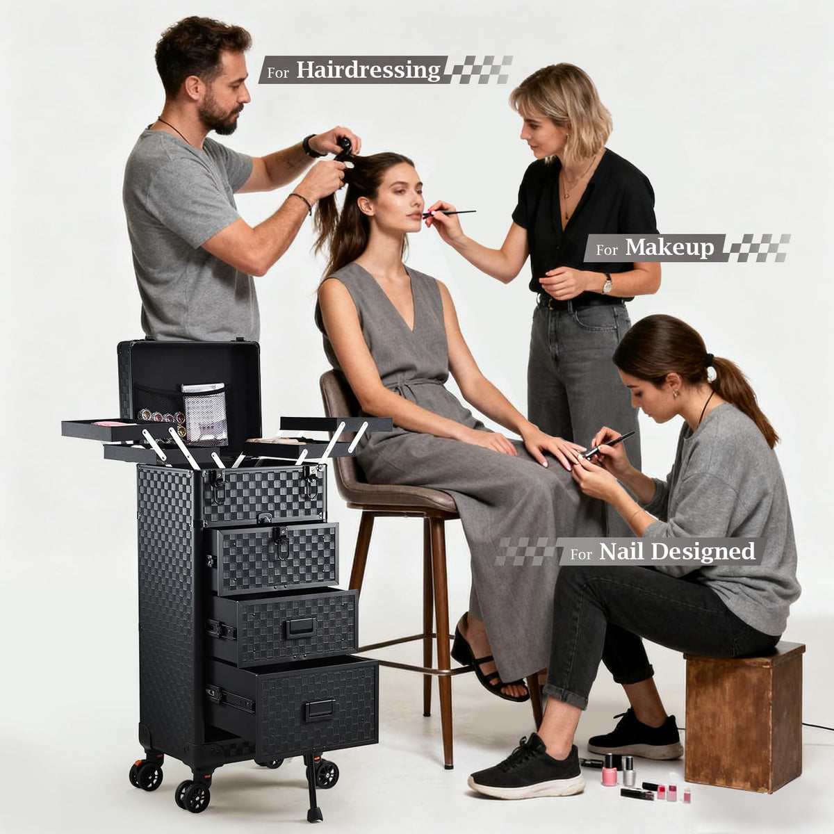 Stagiant spring-release drawer system offers quick access during makeup sessions.
