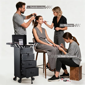 Stagiant spring-release drawer system offers quick access during makeup sessions.