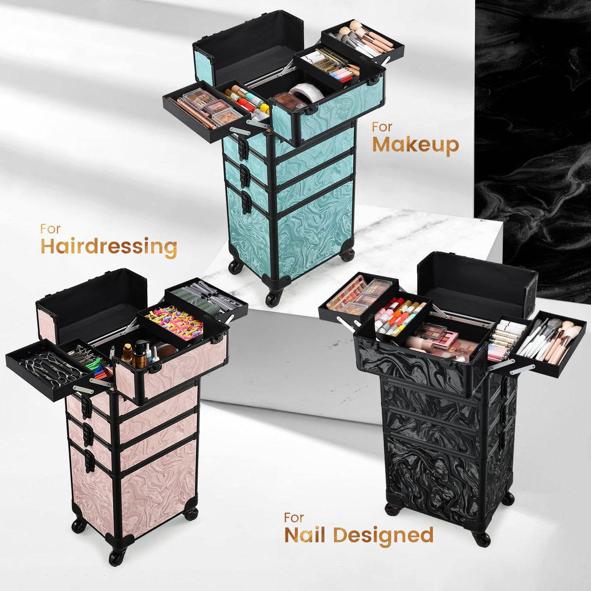 Stagiant travel makeup case with extendable pull rod for easy mobility.