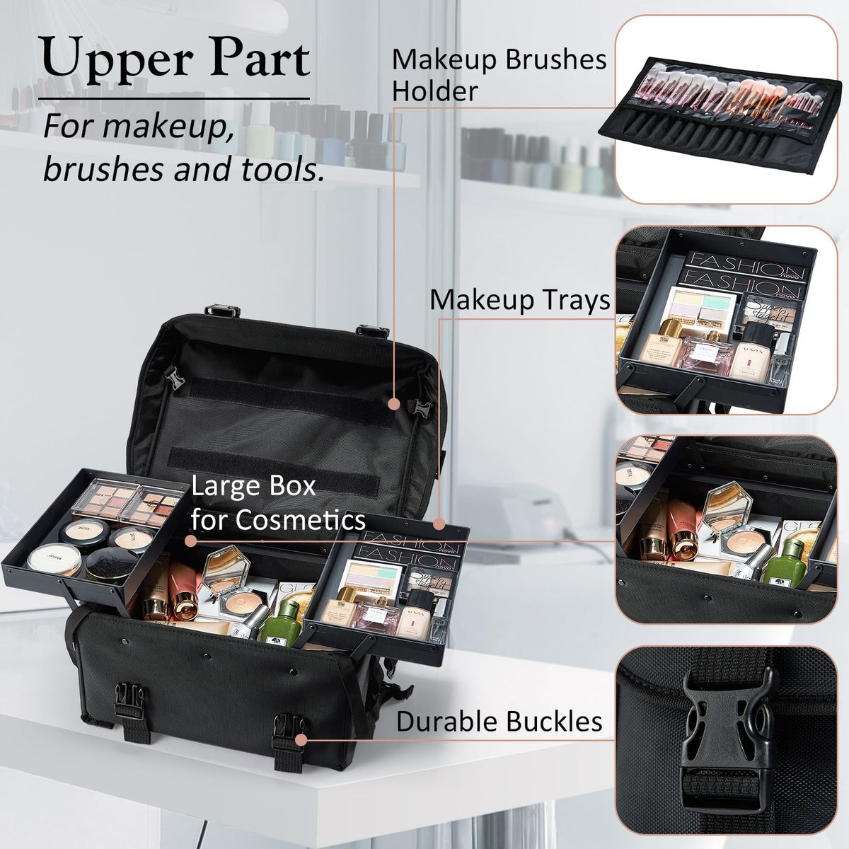 Stagiant upper compartment ideal for manicure tools and quick service setups.