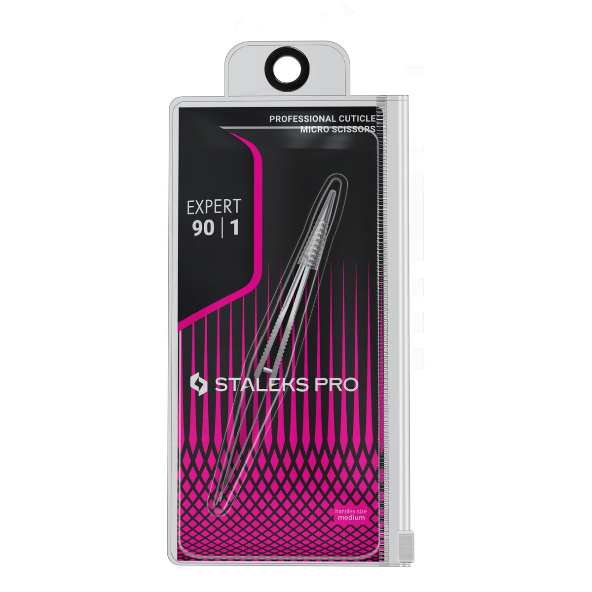 STALEKS PRO Expert 90 cuticle micro scissors with straight handle for improved visibility during work.