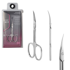 Staleks Pro Expert 50 cuticle scissors close-up shows precision trimming blade.