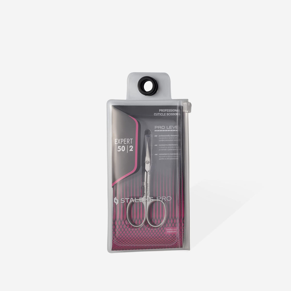 Staleks Pro Expert 50 cuticle scissors ergonomic handles aid comfortable use.