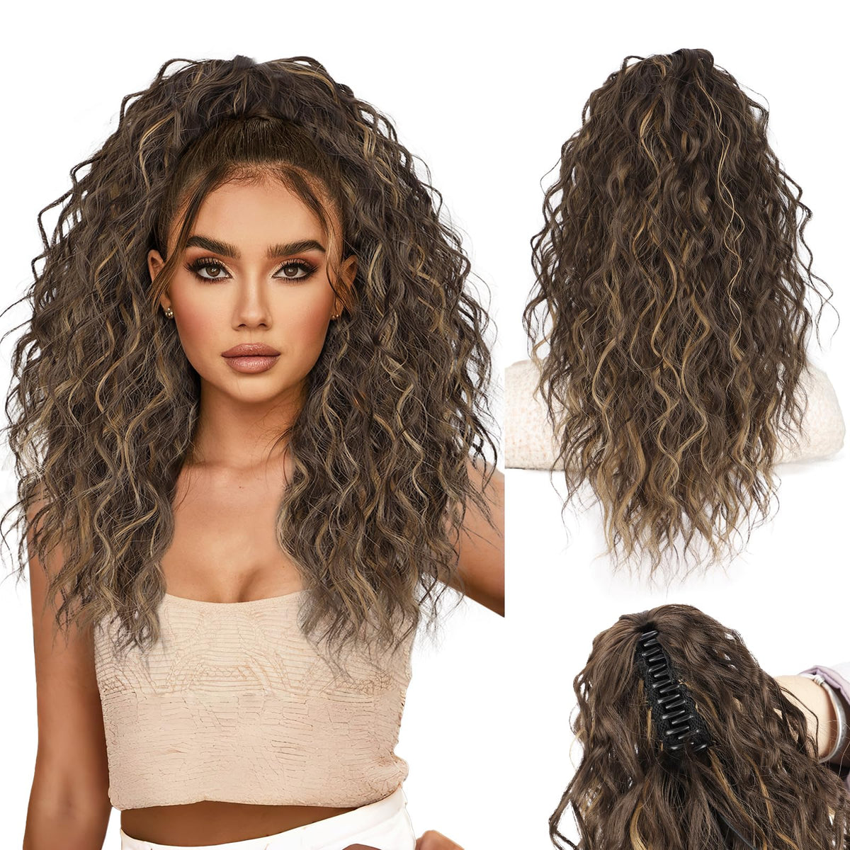 Stamped Glorious 18in clip-on curly pony tail for natural volume and blending