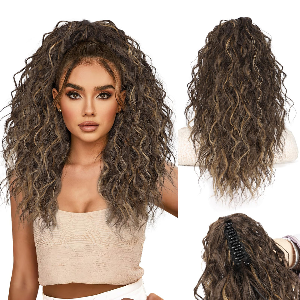 Stamped Glorious 18in clip-on curly pony tail for natural volume and blending
