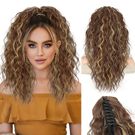 Stamped Glorious 18in curly clip-on ponytail for natural volume.