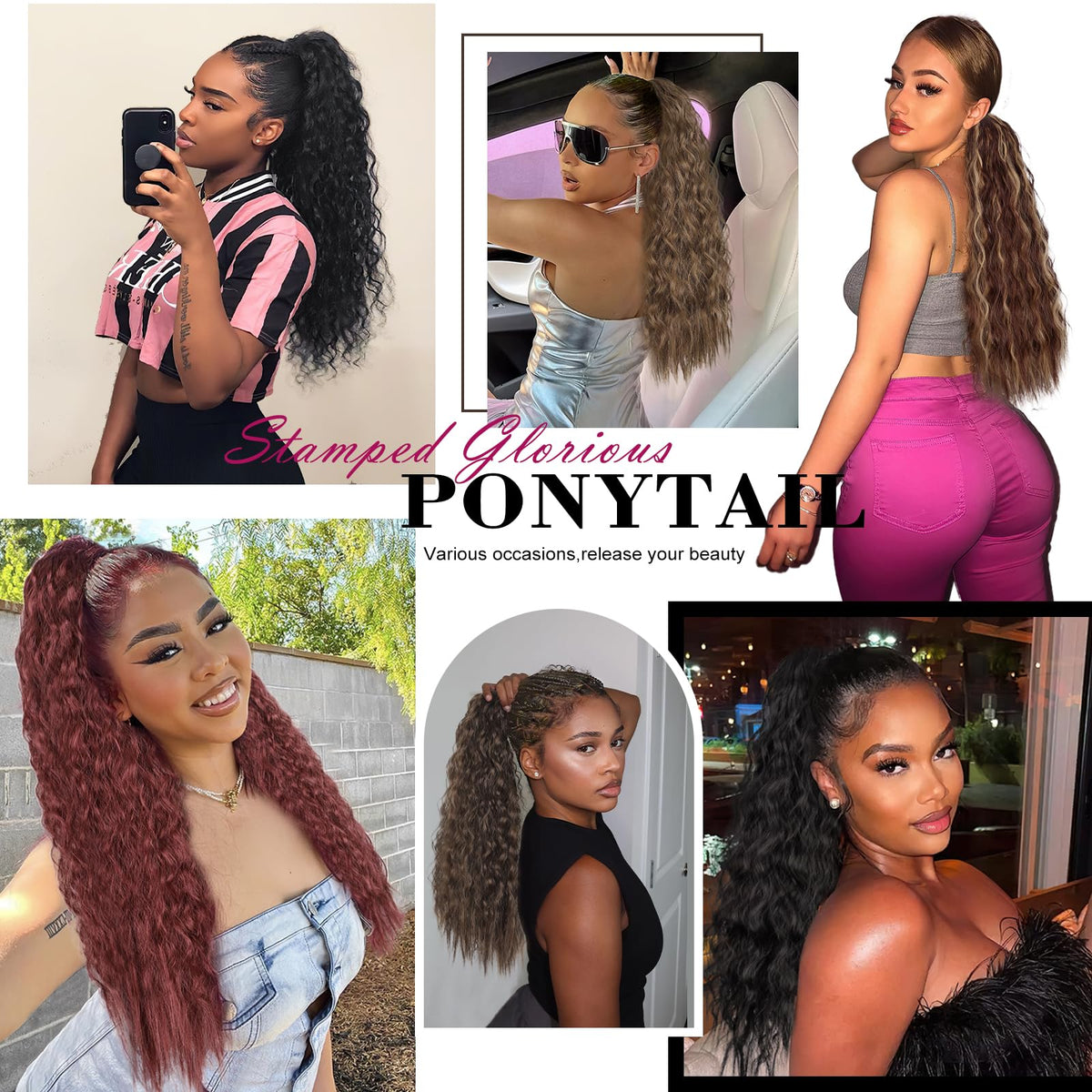 Stamped Glorious black color ponytail adds bold, cohesive tone.