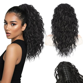 Stamped Glorious black ponytail extension 18in clip-on showing natural blend and volume.