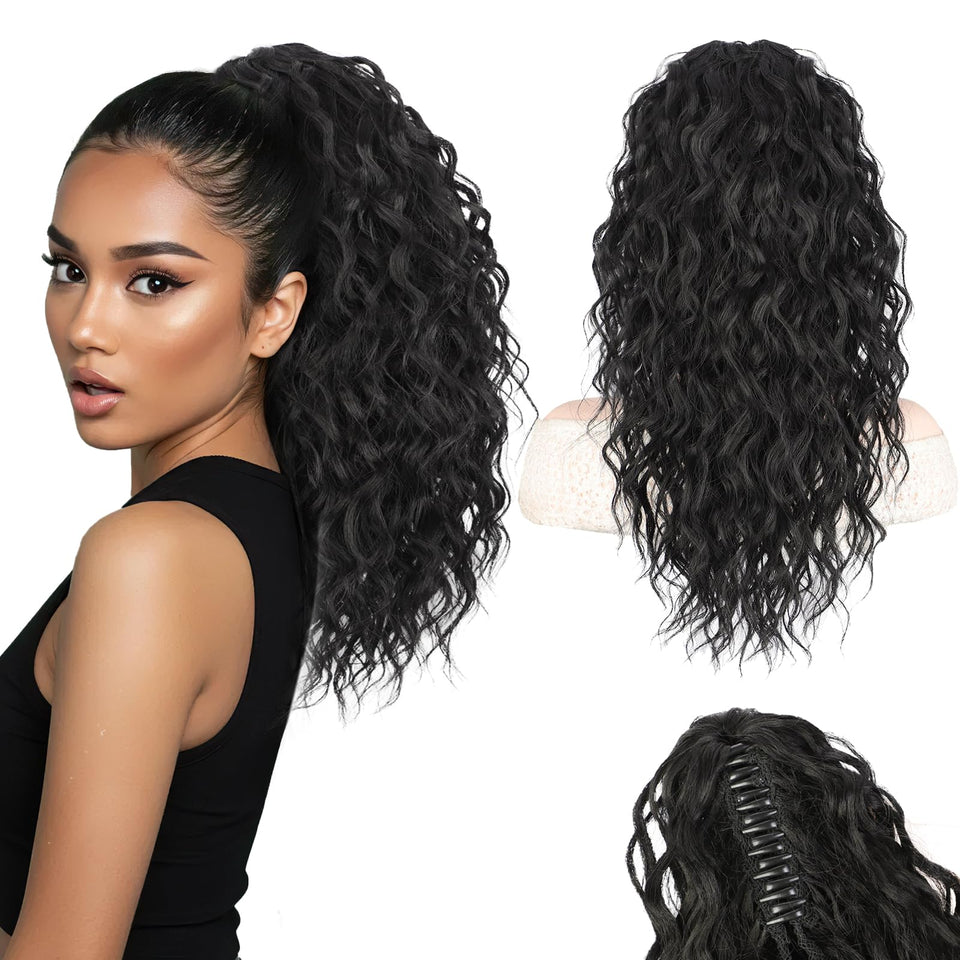 Stamped Glorious black ponytail extension 18in clip-on showing natural blend and volume.