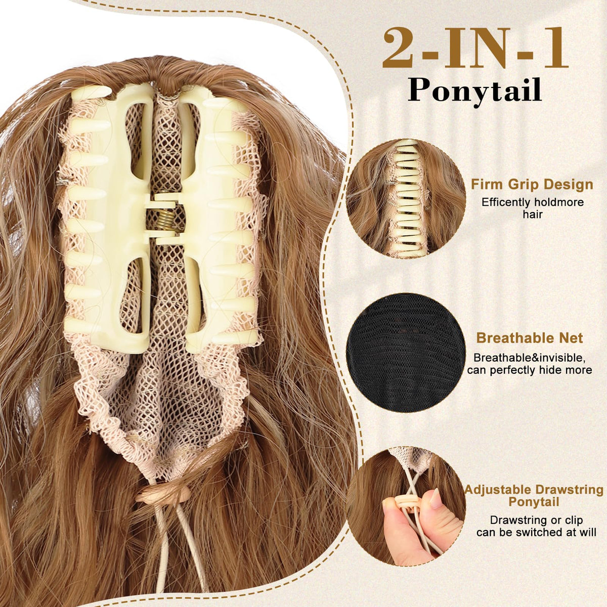 Stamped Glorious clip-on-pony-tail attachment stays secure during wear.