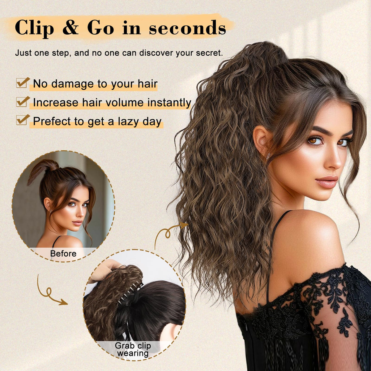 Stamped Glorious clip-on pony-tail with secure claw design for lasting wear.