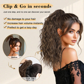Stamped Glorious clip-on pony-tail with secure claw design for lasting wear.