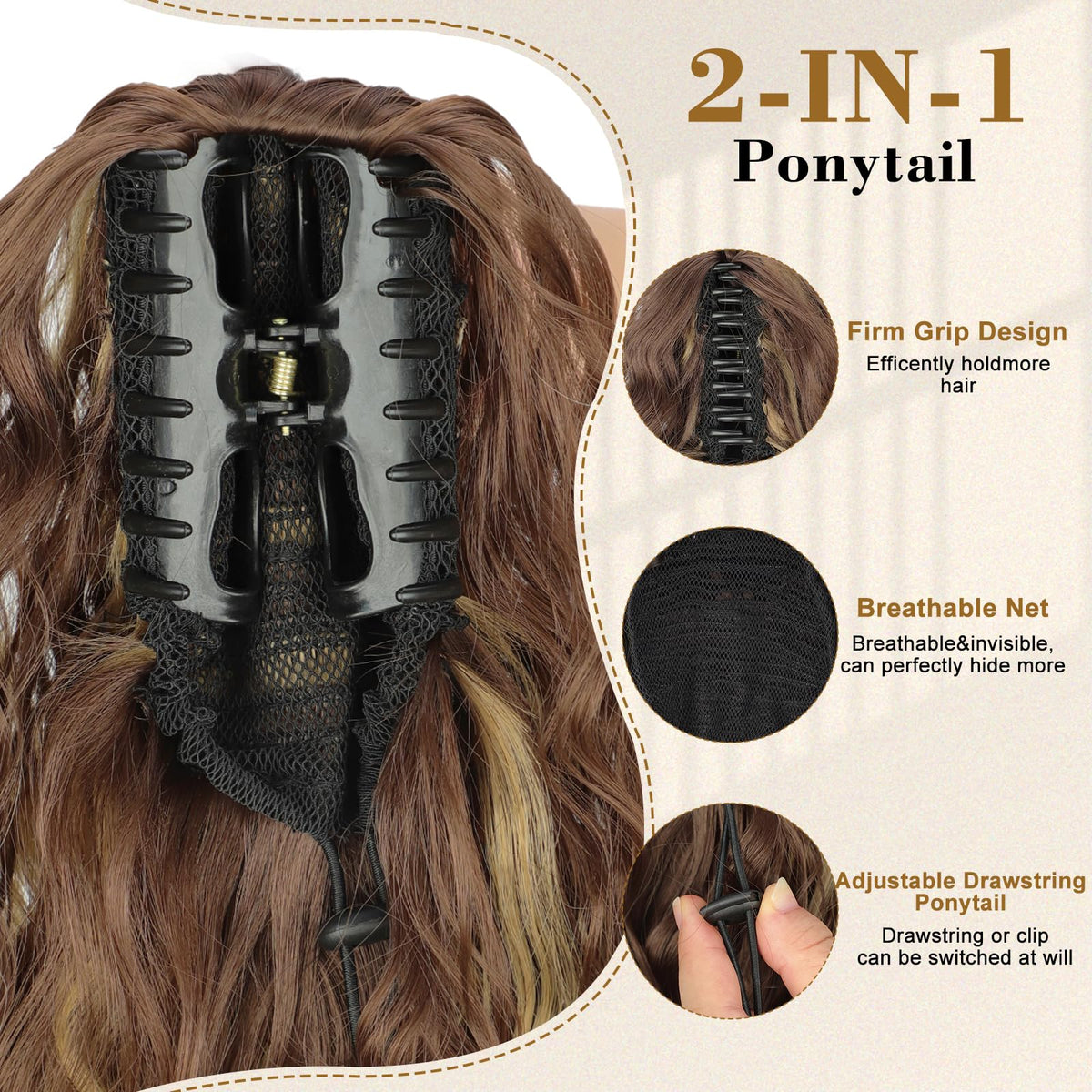 Stamped Glorious clip-on ponytail with silky texture and secure grip.