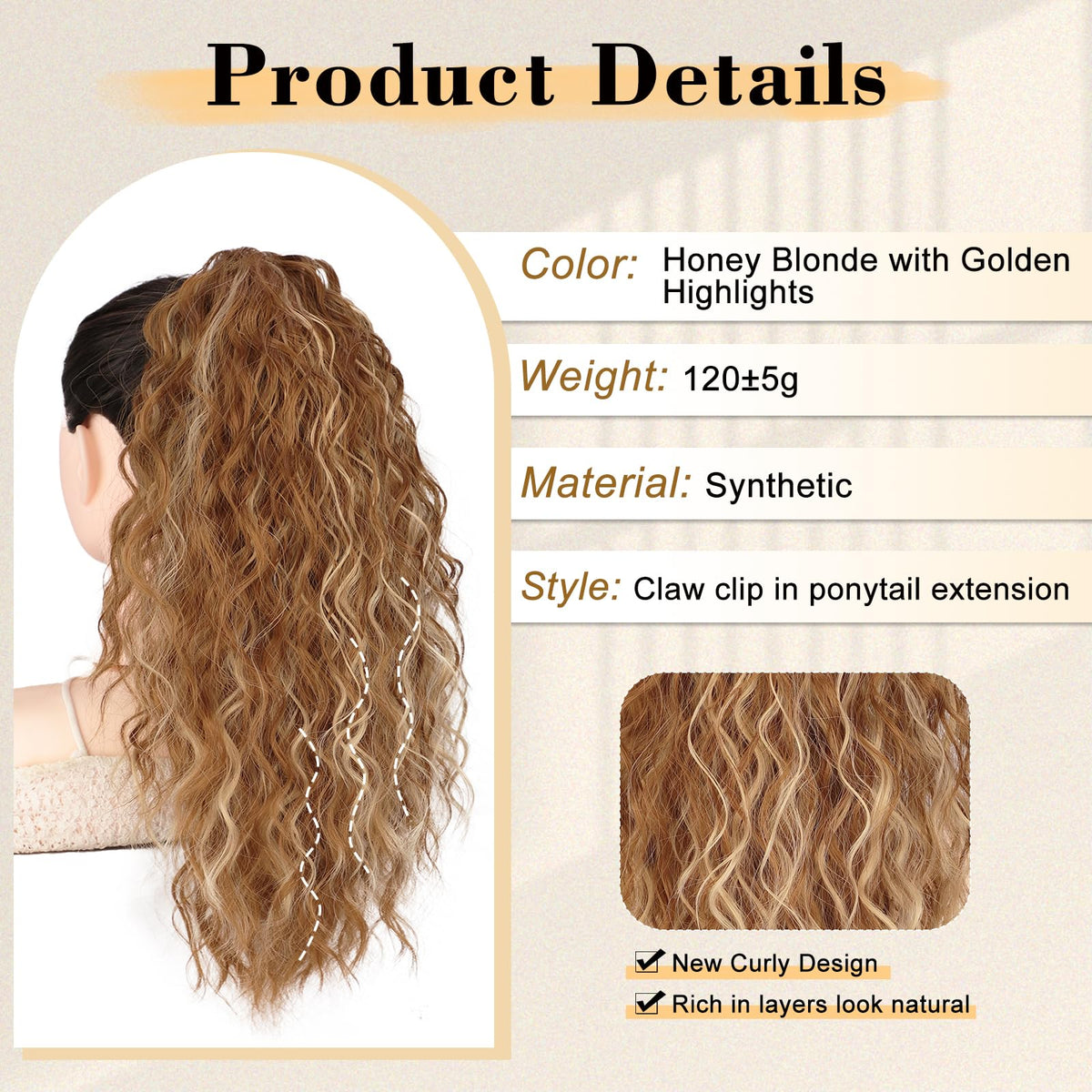 Stamped Glorious honey-blonde-golden-highlights pony-tail adds sun-kissed depth.