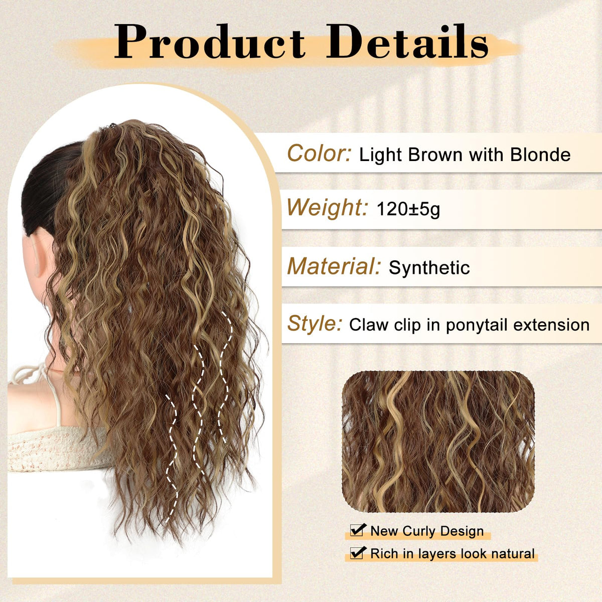 Stamped Glorious layered tail design creates fuller movement.