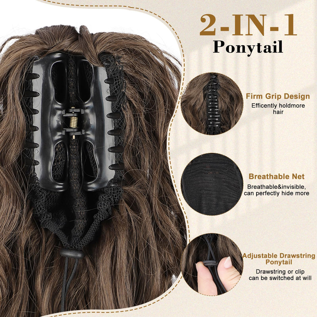 Stamped Glorious 18-inch curly-wavy texture pony-tail for easy styling.