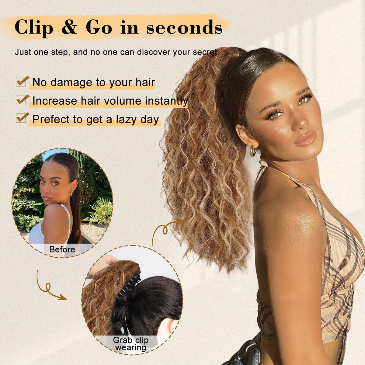 Stamped Glorious synthetic-hair-piece-clip-on provides quick volume.