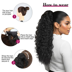 Stamped Glorious synthetic ponytail with clip anchors securely.