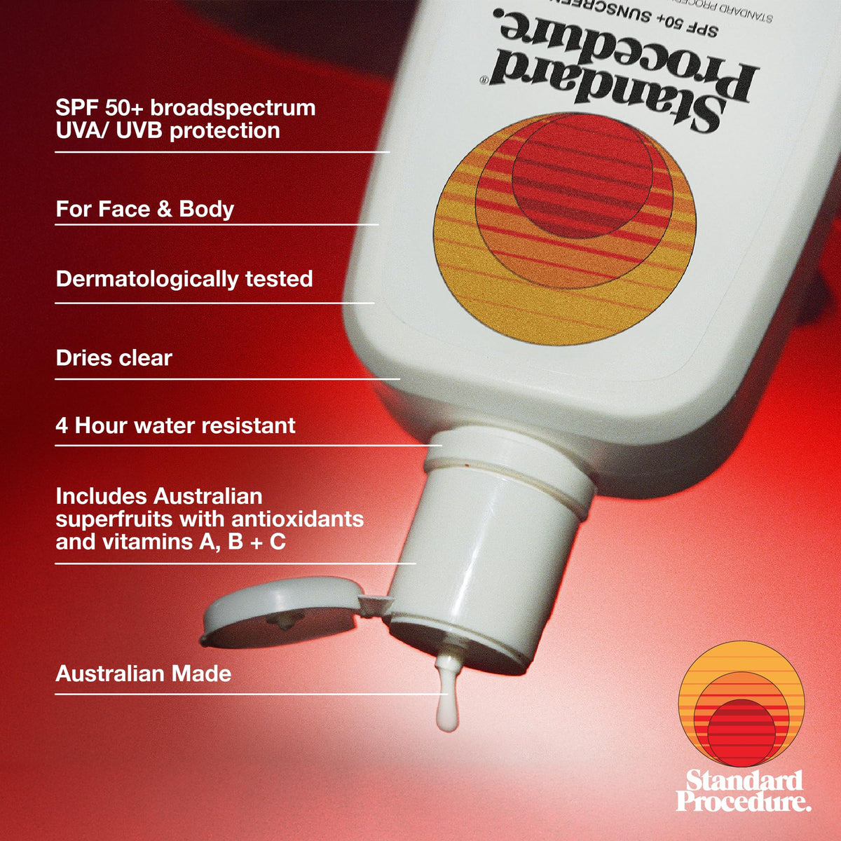 Standard Procedure SPF 50+ dry-touch formula for fast absorption.