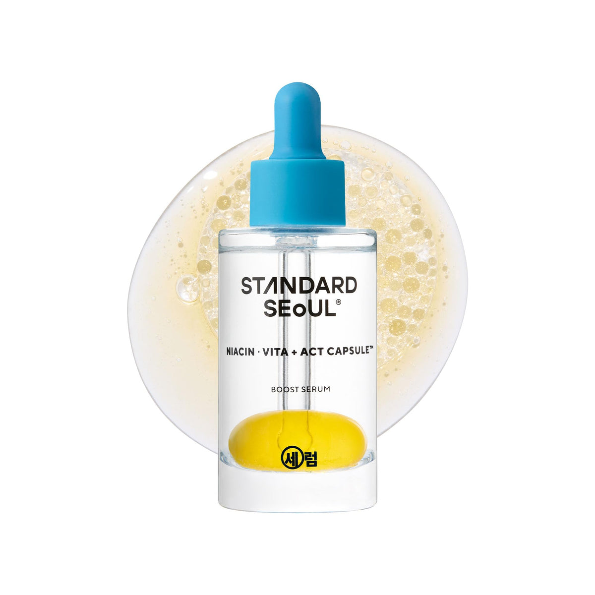 Standard Seoul Brightening Bouncy Boost Serum bottle glows for radiant skin