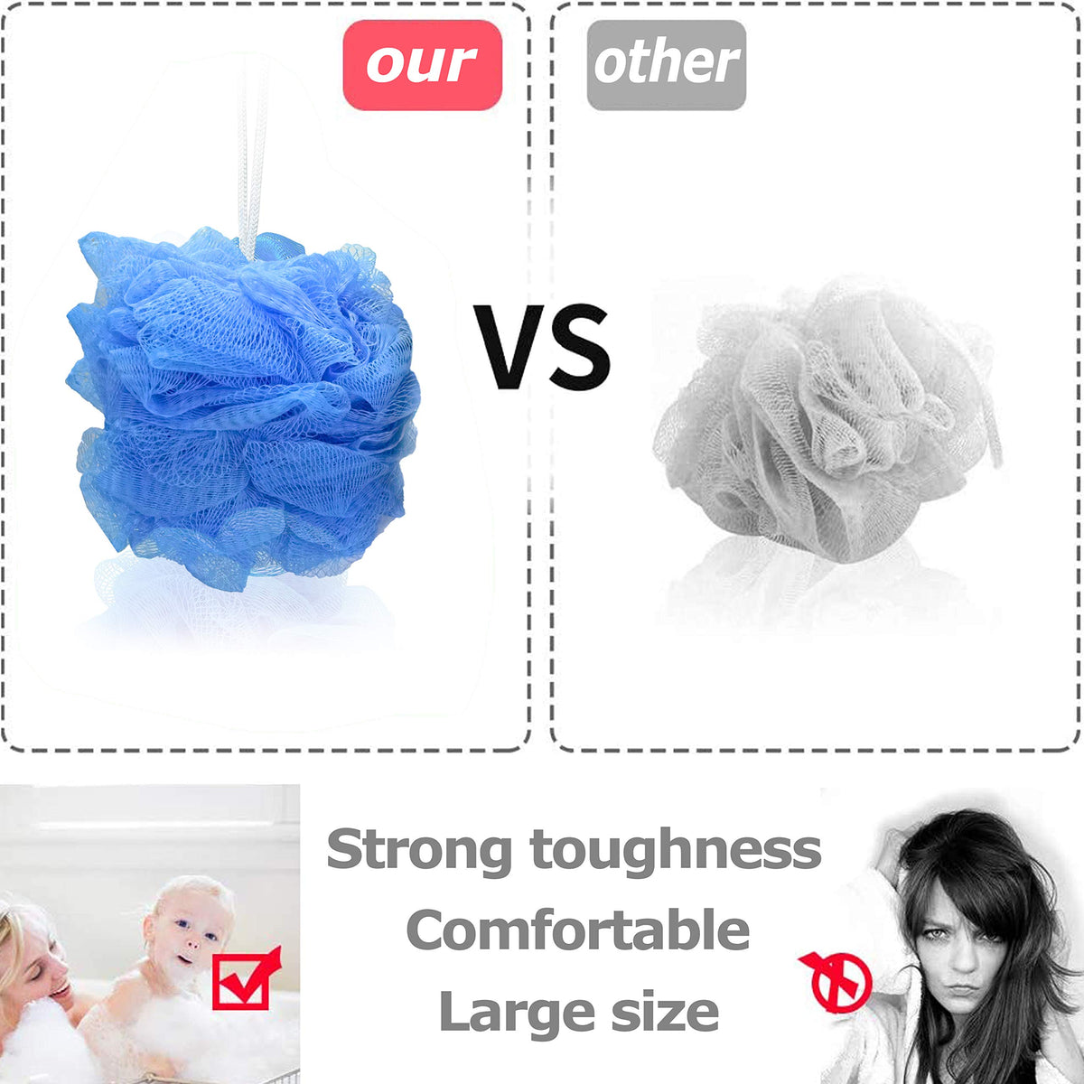 Star bath poufs offer vibrant colors for quick guest identification.