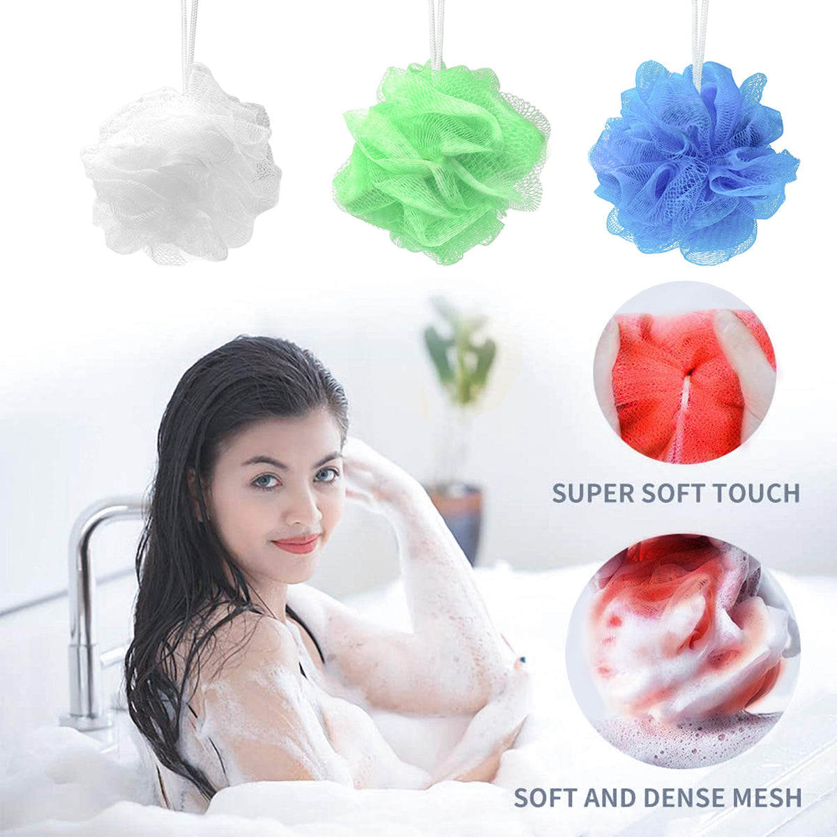 Star mesh pouf provides soft exfoliation without irritation during daily showers.