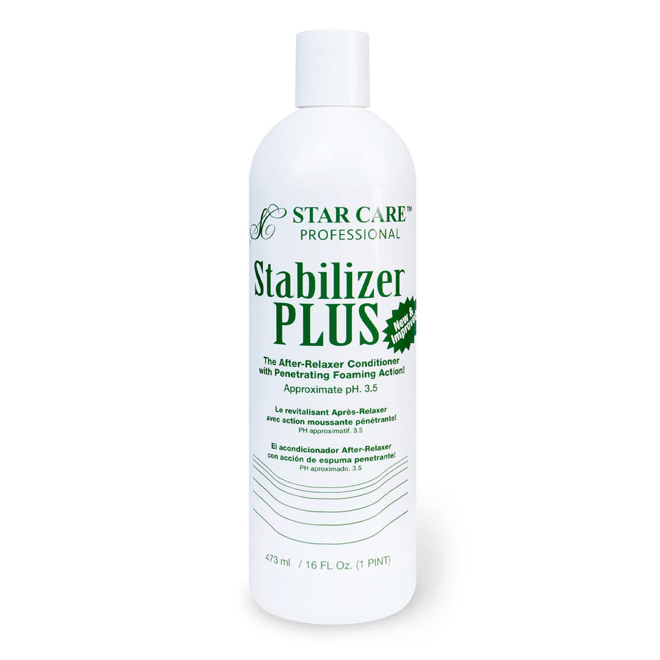 STAR CARE Stabilizer Plus bottle shows after-relaxer conditioning for smoother hair.