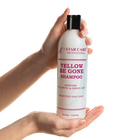 STAR CARE Yellow Be Gone Shampoo bottle on counter ready for routine