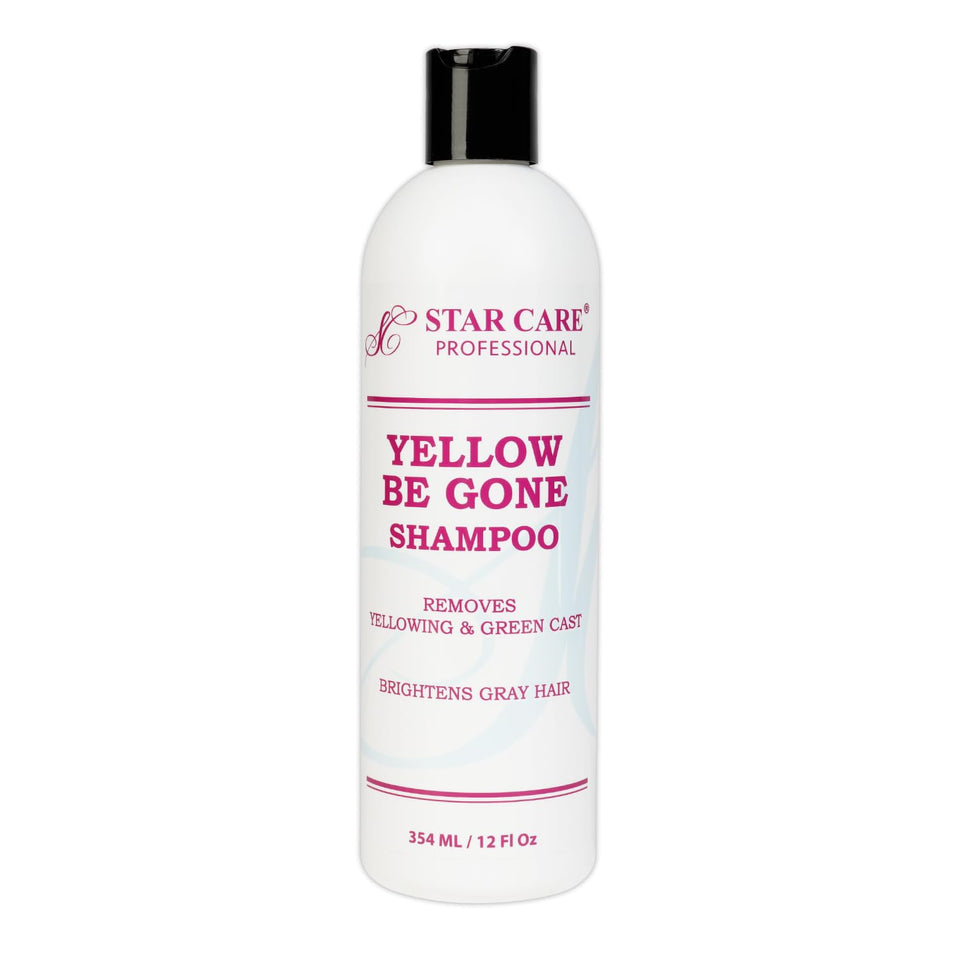 STAR CARE Yellow Be Gone Shampoo bottle showing brassiness cooling and shine