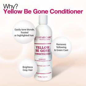 STAR CARE Yellow Be Gone shampoo label close-up shows clarifying action for buildup.