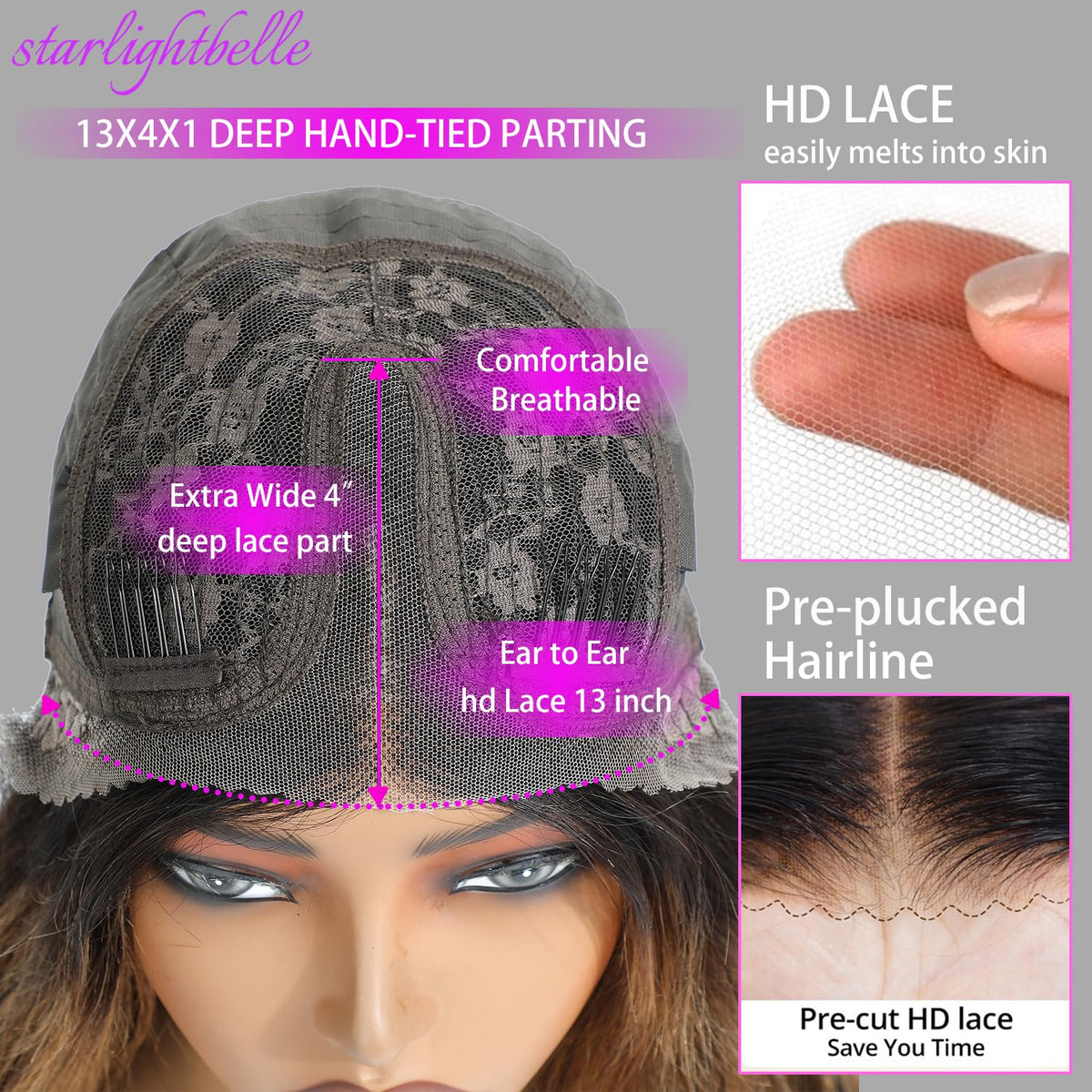 StarlightBelle Highlight 28-inch ombre wig body wave texture close look