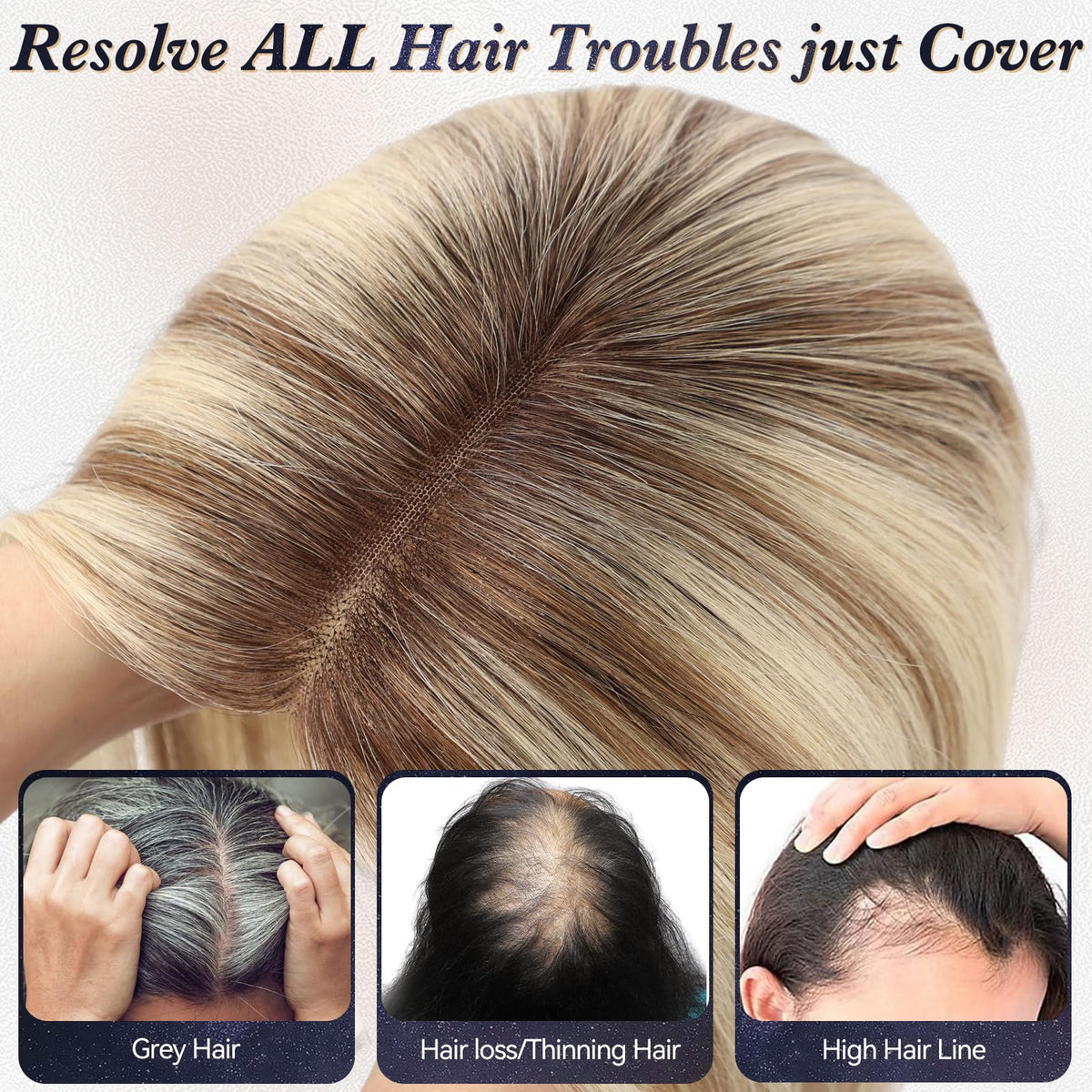 Starluck 60-gram real hair topper blends with thinning hair.
