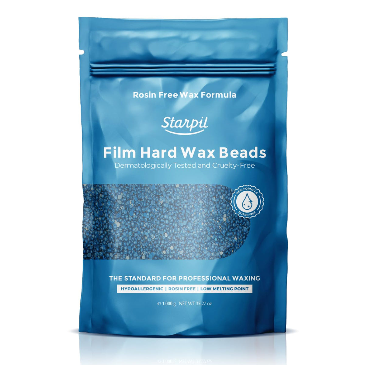 Starpil Blue hard wax beads packaging showing rosins-free formula for gentle waxing sessions