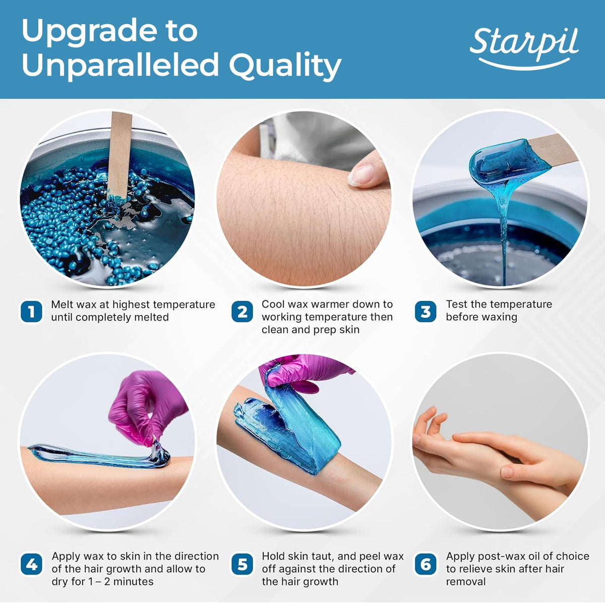 Starpil blue hard wax beads stripless application demonstrating easy, strip-free waxing for smooth outcomes