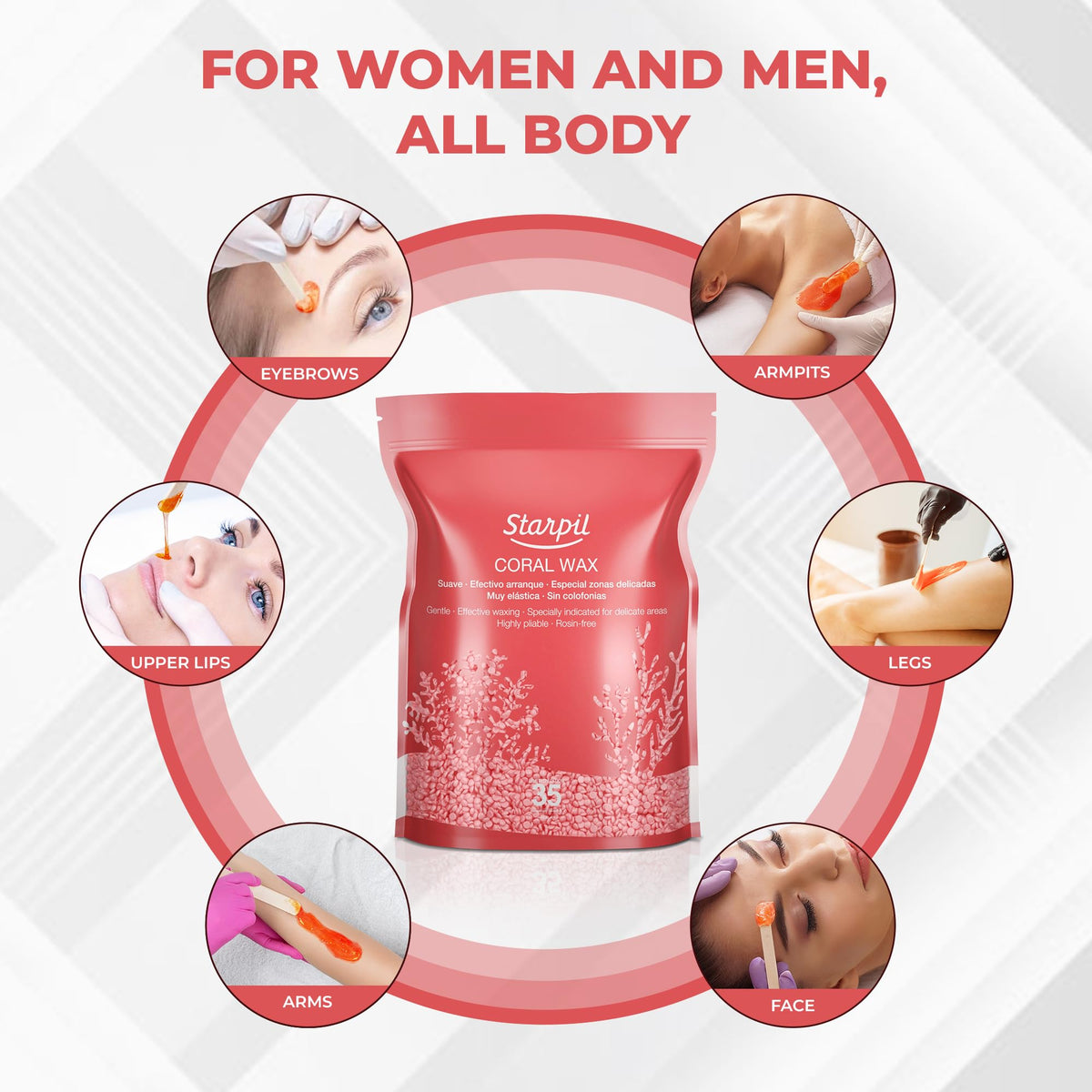 Starpil coral hard wax beads on face-area waxing with precision.
