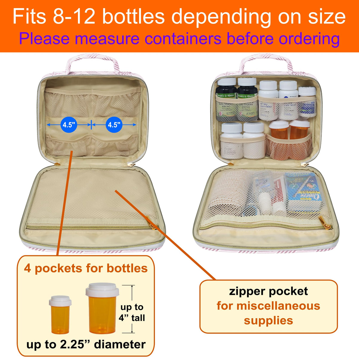 Slim travel medicine bag with compact 9.5 by 9 inch profile