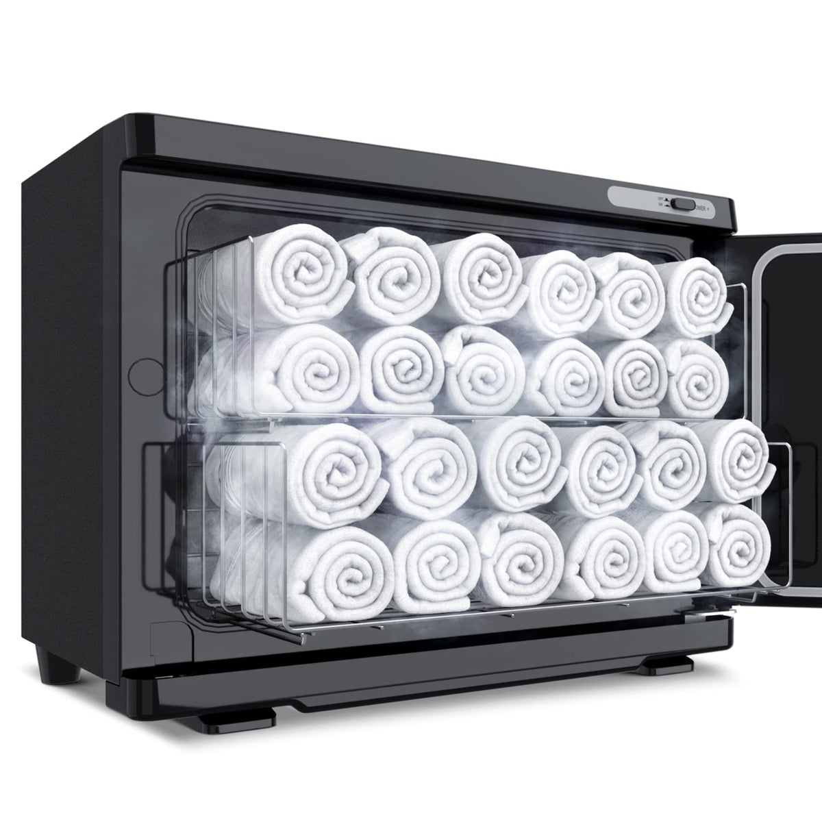 StateRiver towel warmer cabinet holds 24 regular towels for quick salon prep.