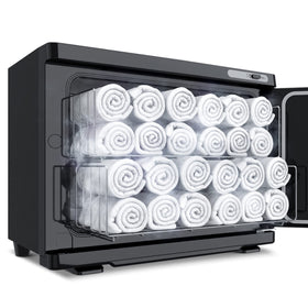 StateRiver towel warmer cabinet holds 24 regular towels for quick salon prep.